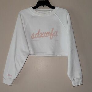 White Fix Cropped Crewneck Sweatshirt with Pink Script